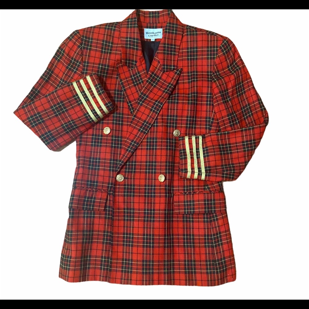 Vtg Stephanie Queller Red Plaid Gold Trim Blazer 6